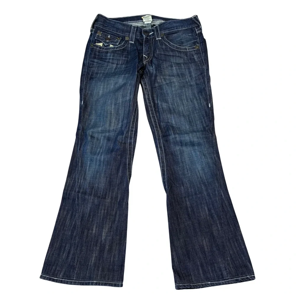 True Religion Joey Jeans Mens 32x30 Dark Wash Flare Twisted Seam Horseshoe Logo
